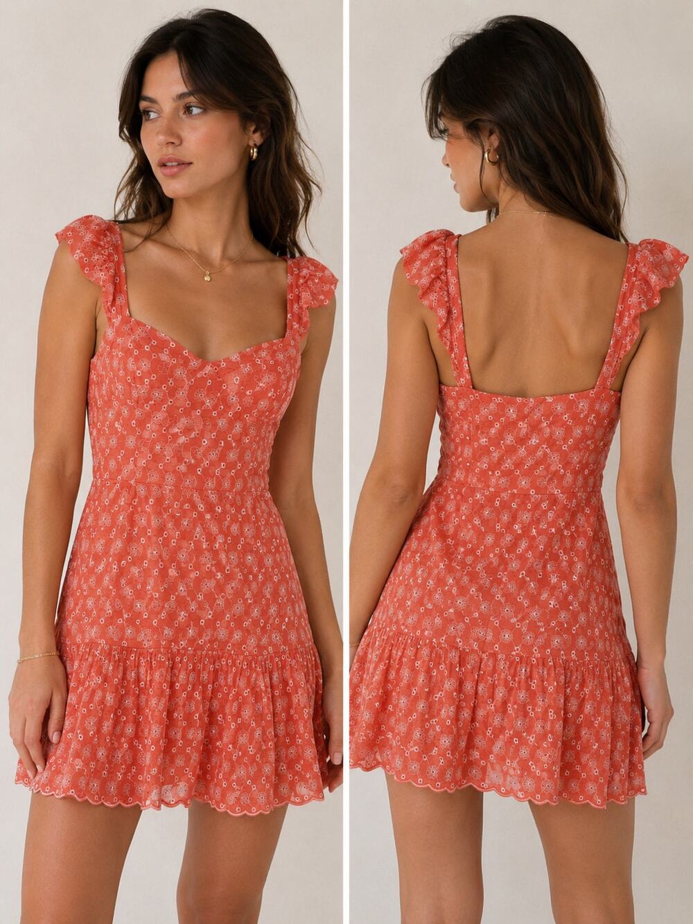 Floral Ruffle Strap Mini Dress - Coral